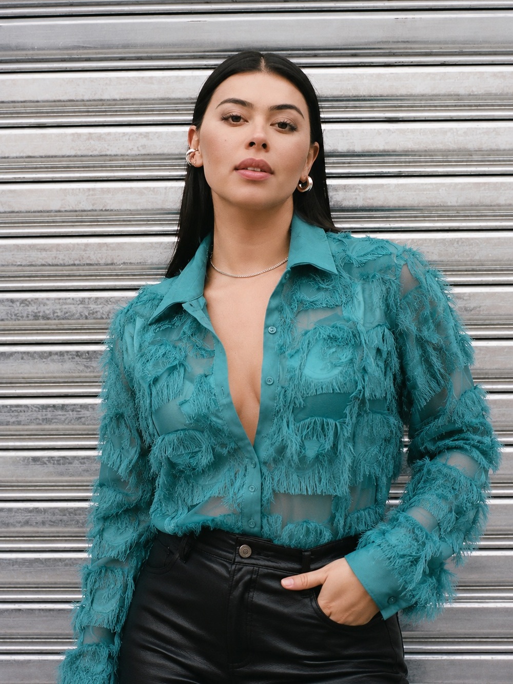 SHEIN Teal Fringe Button-Up Blazer